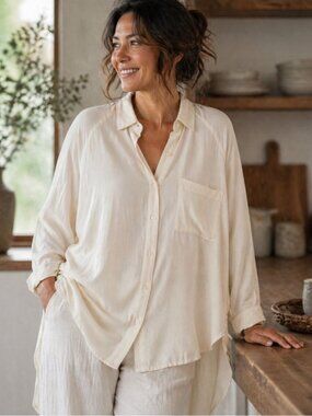 MASAI Light Cream Button Up Longline Blouse Tunic Size L Minimalist Boho Chic
